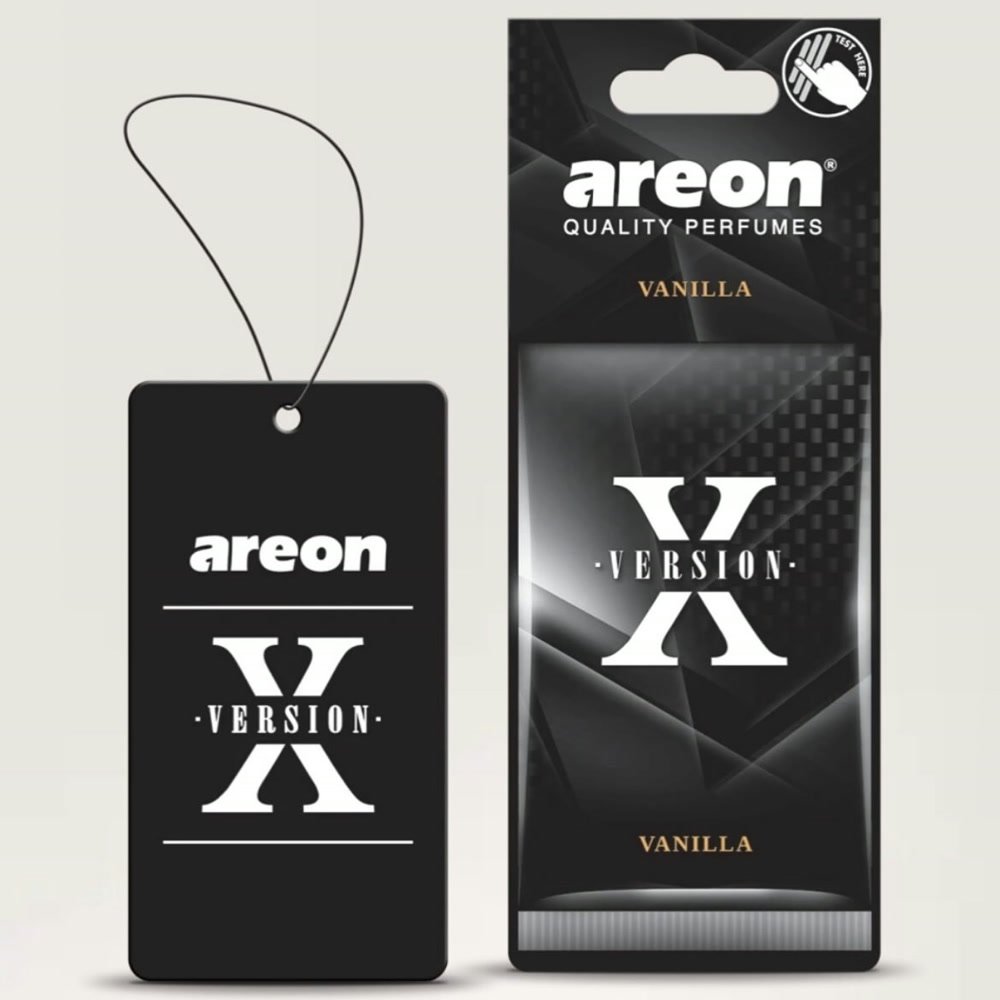 Areon Version X perfume card in Vanilla, tag and packet