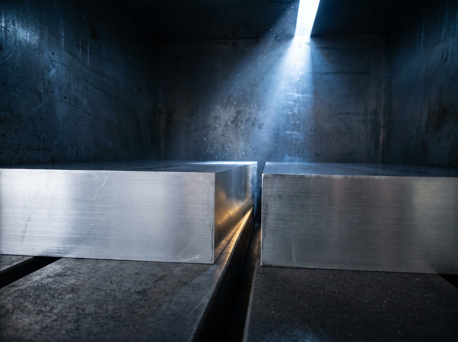 Two machined aluminium blocks meeting with a hairline gap between them