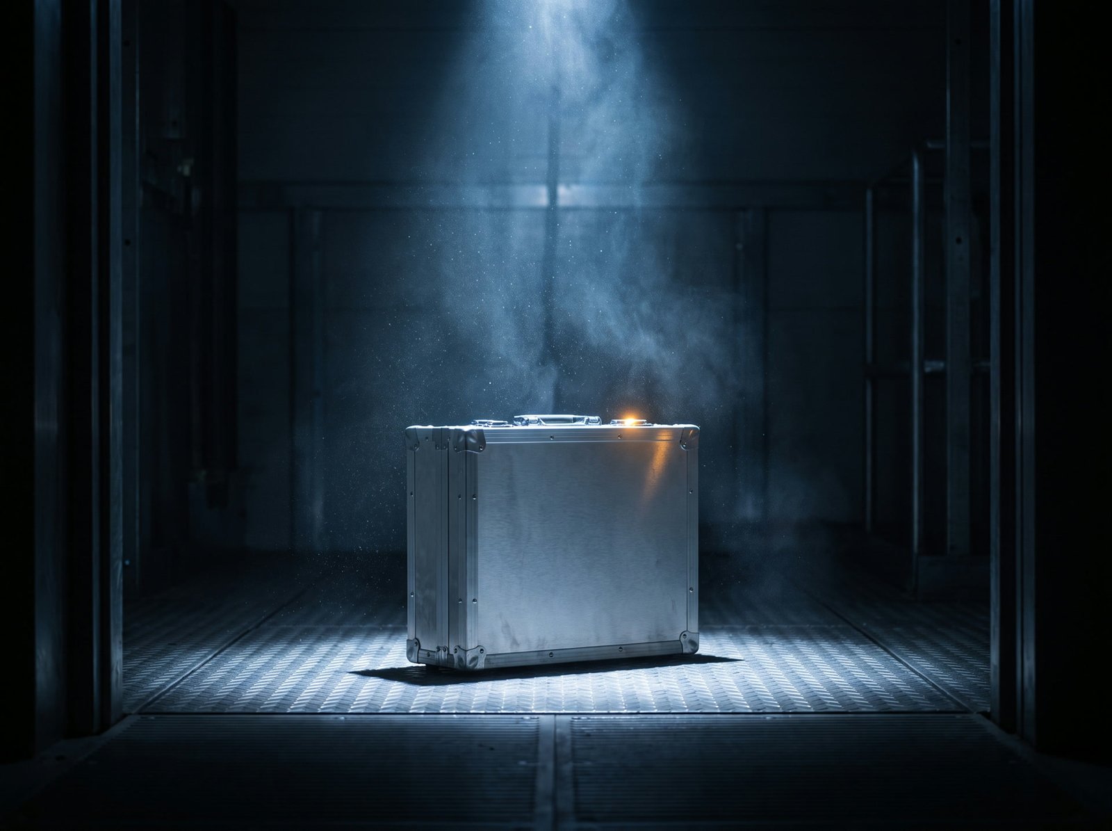 A brushed aluminium case standing under a shaft of light, ready to go out